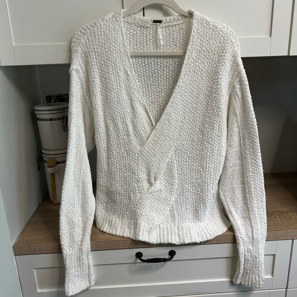 Free People Sweater Womens XS White Twist Front Surplice V-Neck Textured Knit